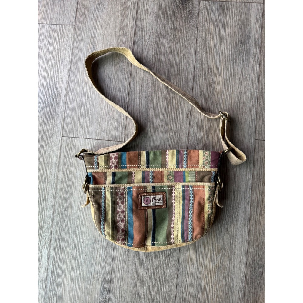Fossil Modern Vintage Multi Color Striped Canvas Corduroy Crossbody Bag Boho